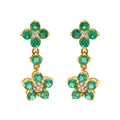 Round Floral Shaped Natural Emerald And Diamond Drop Earring In 14k Yellow Gold