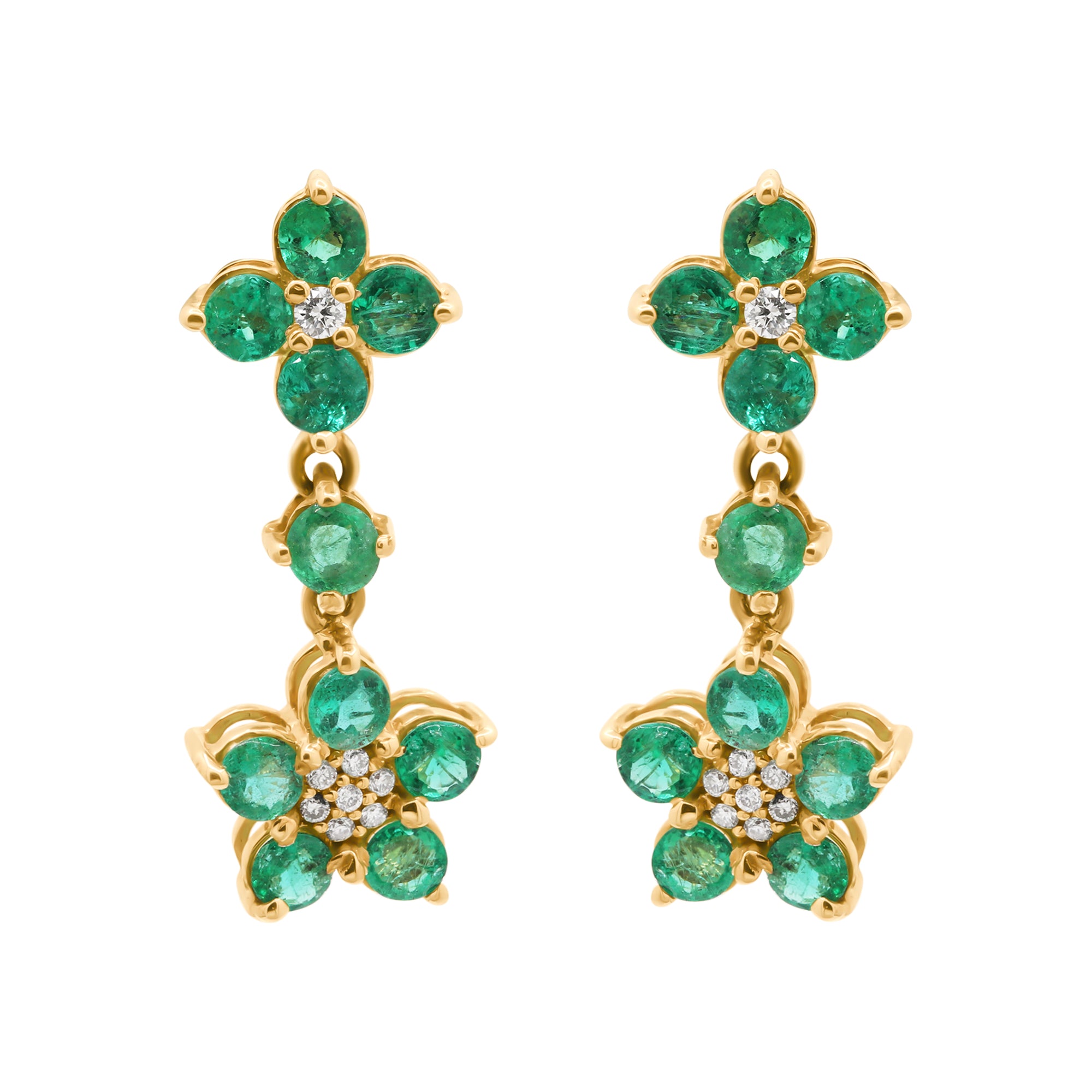 Round Floral Shaped Natural Emerald And Diamond Drop Earring In 14k Yellow Gold
