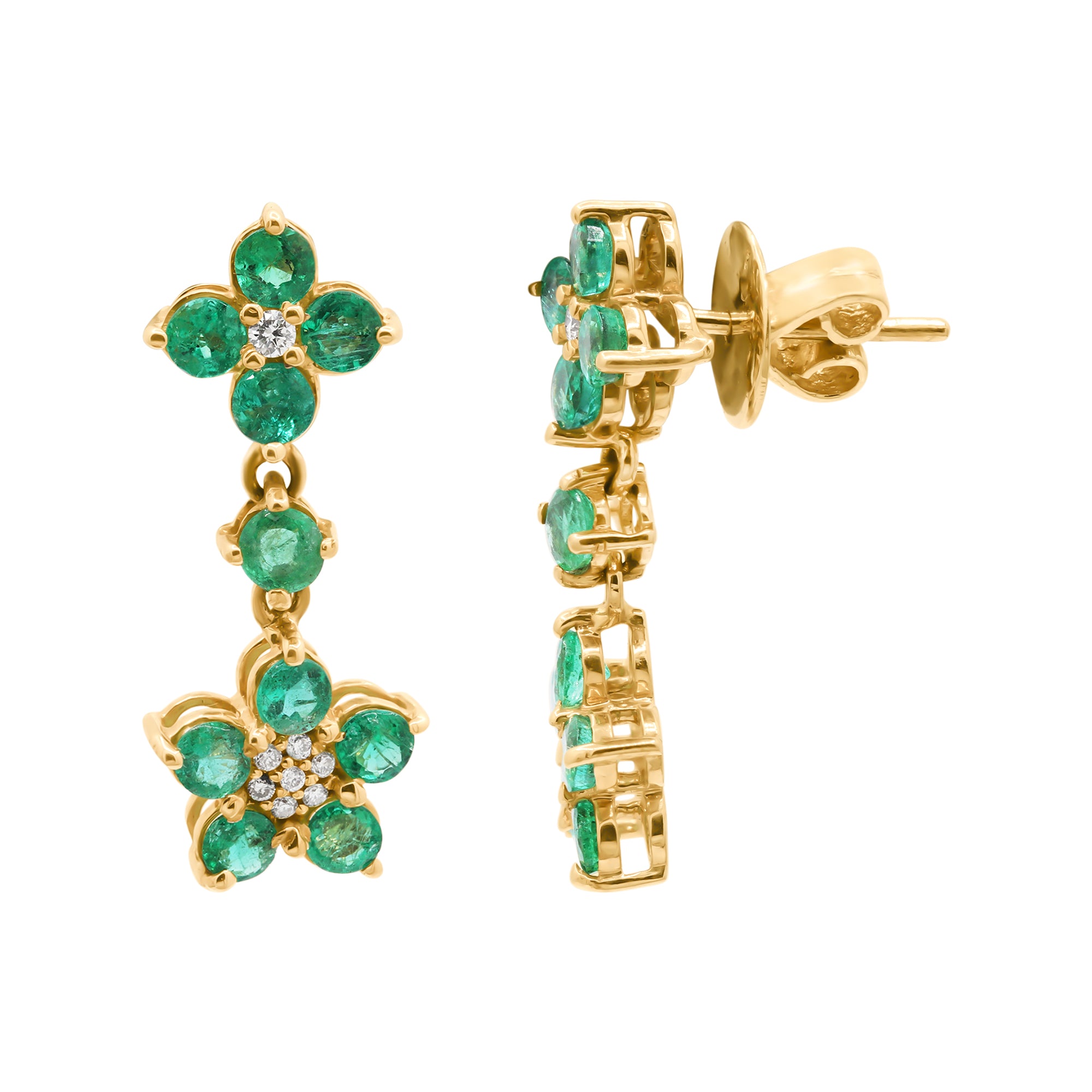Round Floral Shaped Natural Emerald And Diamond Drop Earring In 14k Yellow Gold