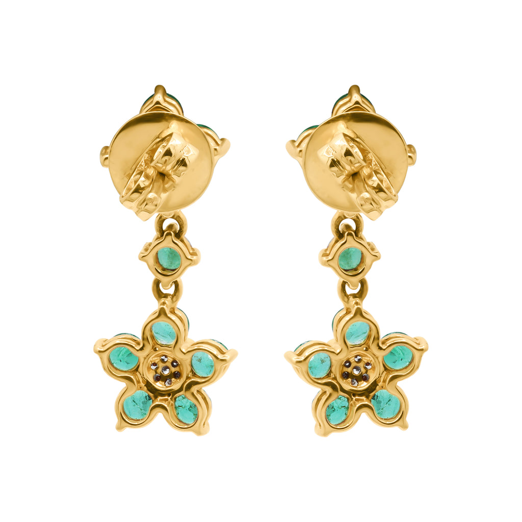 Round Floral Shaped Natural Emerald And Diamond Drop Earring In 14k Yellow Gold