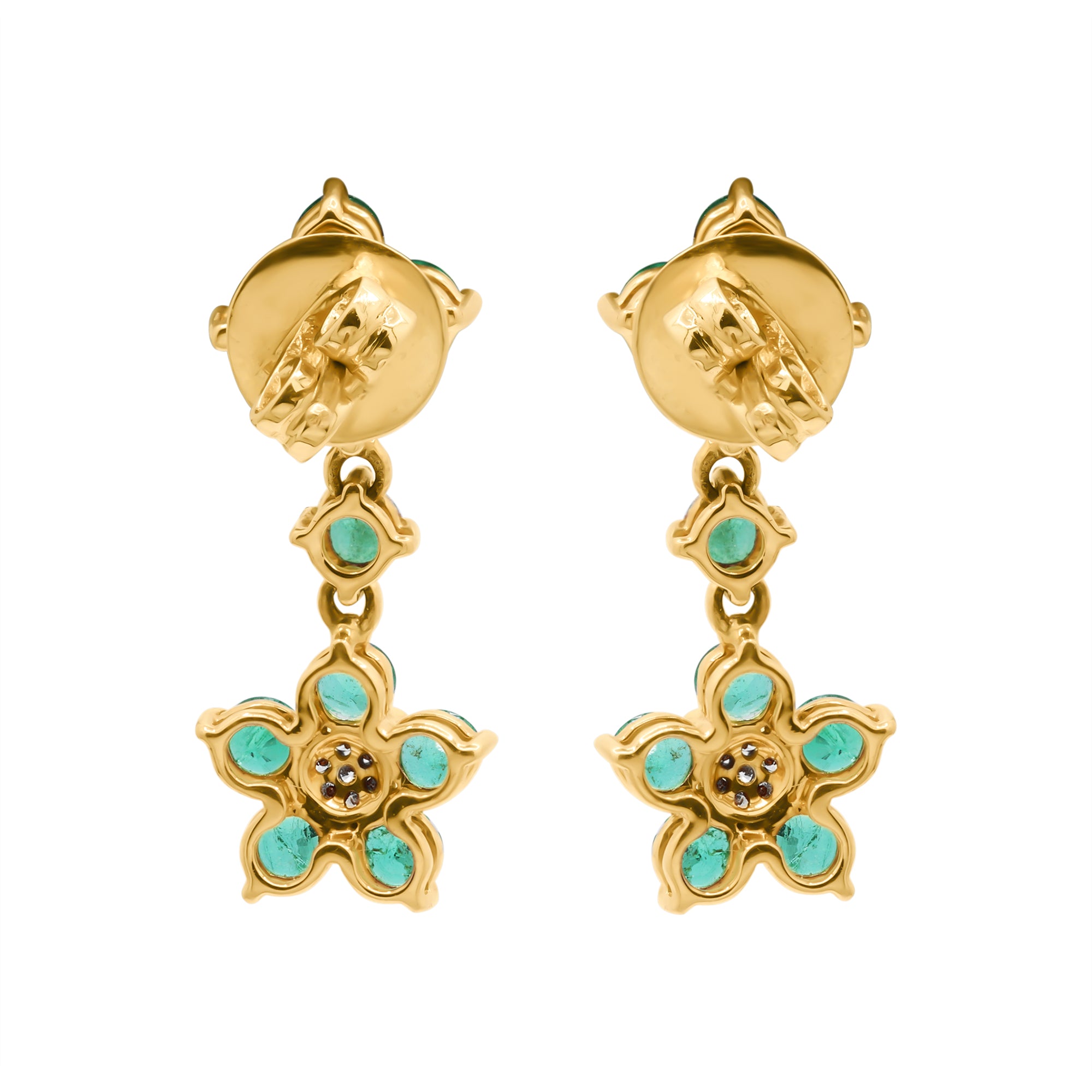 Round Floral Shaped Natural Emerald And Diamond Drop Earring In 14k Yellow Gold