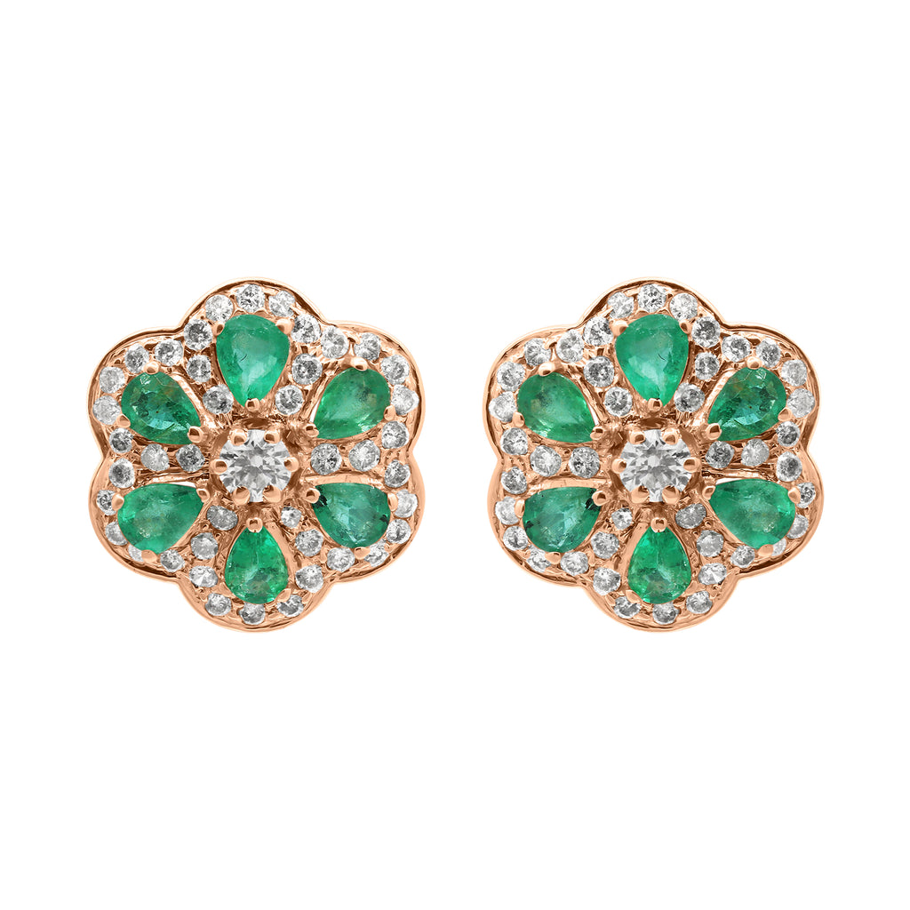 Flower Shaped Natural Emerald With Diamond In 18k Yellow Gold Designer Stud Earrings