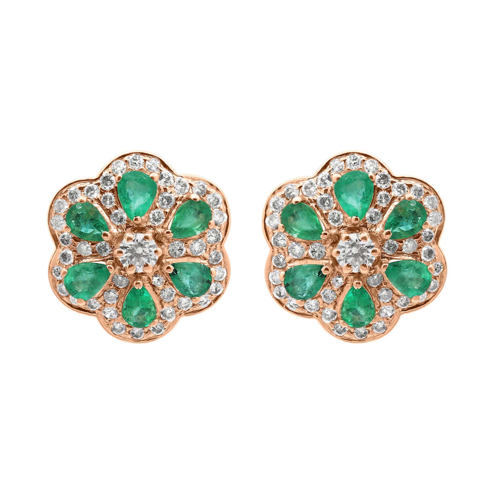 Flower Shaped Natural Emerald With Diamond In 18k Yellow Gold Designer Stud Earrings