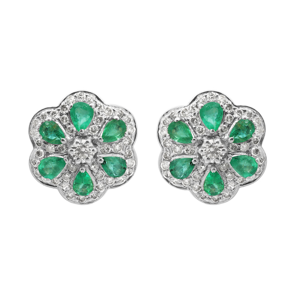 Flower Shaped Natural Emerald With Diamond In 18k Yellow Gold Designer Stud Earrings