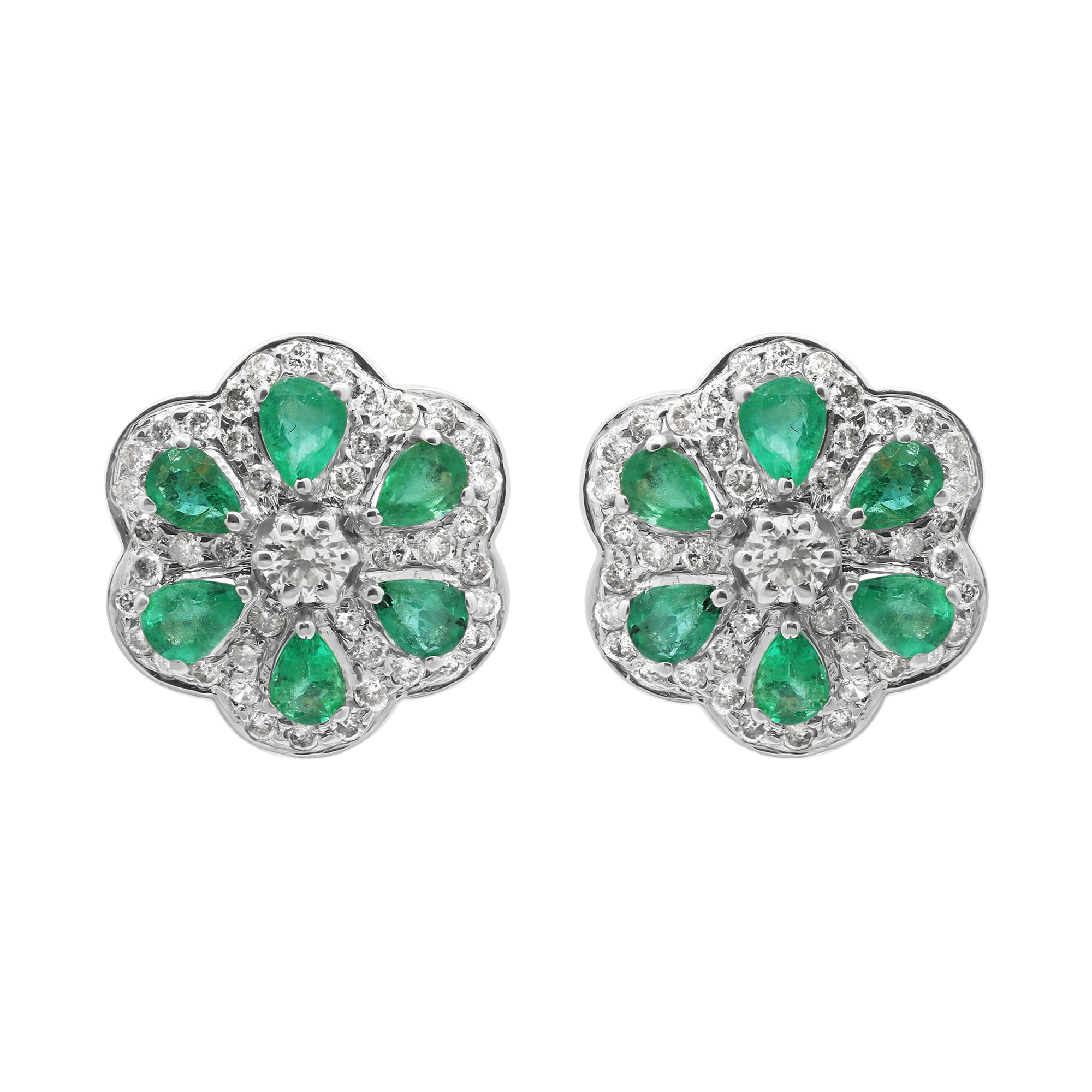 Flower Shaped Natural Emerald With Diamond In 18k Yellow Gold Designer Stud Earrings