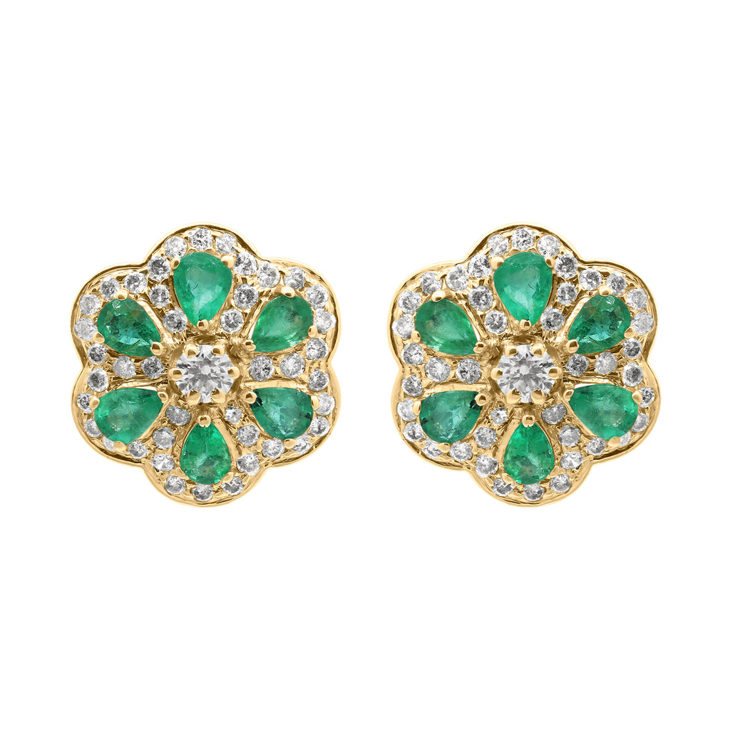 Flower Shaped Natural Emerald With Diamond In 18k Yellow Gold Designer Stud Earrings