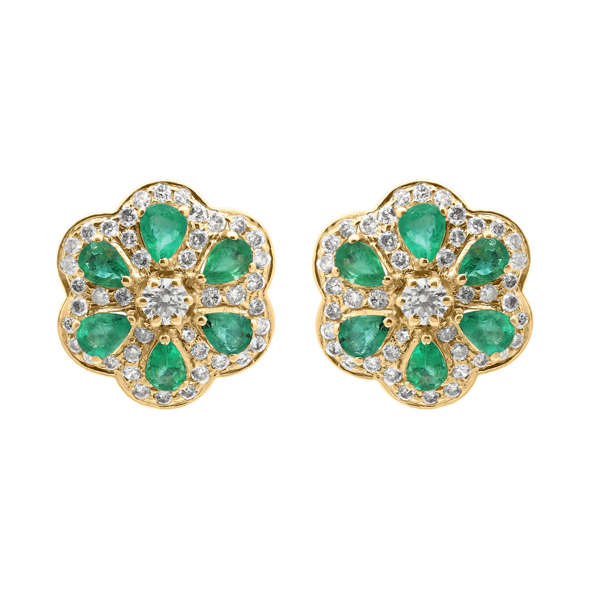 Flower Shaped Natural Emerald With Diamond In 18k Yellow Gold Designer Stud Earrings