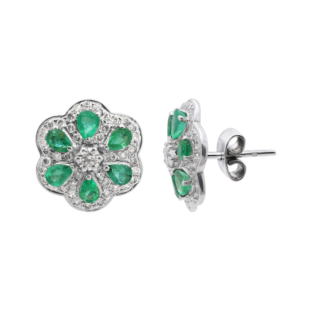 Flower Shaped Natural Emerald With Diamond In 18k Yellow Gold Designer Stud Earrings