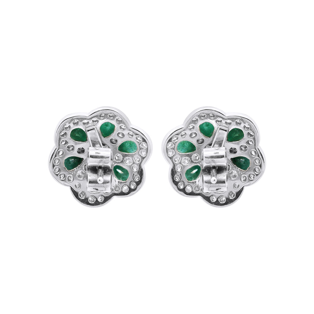 Flower Shaped Natural Emerald With Diamond In 18k Yellow Gold Designer Stud Earrings