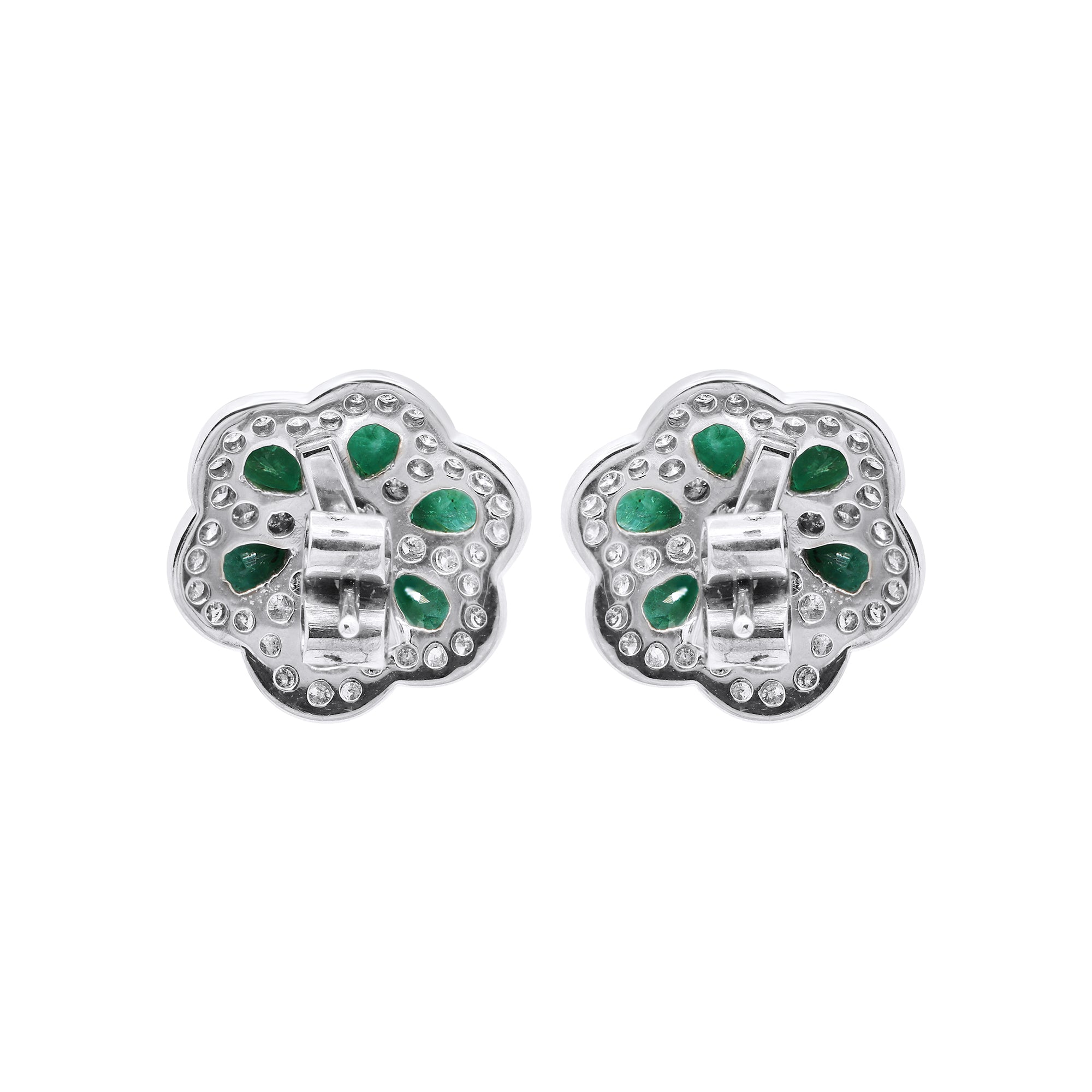 Flower Shaped Natural Emerald With Diamond In 18k Yellow Gold Designer Stud Earrings
