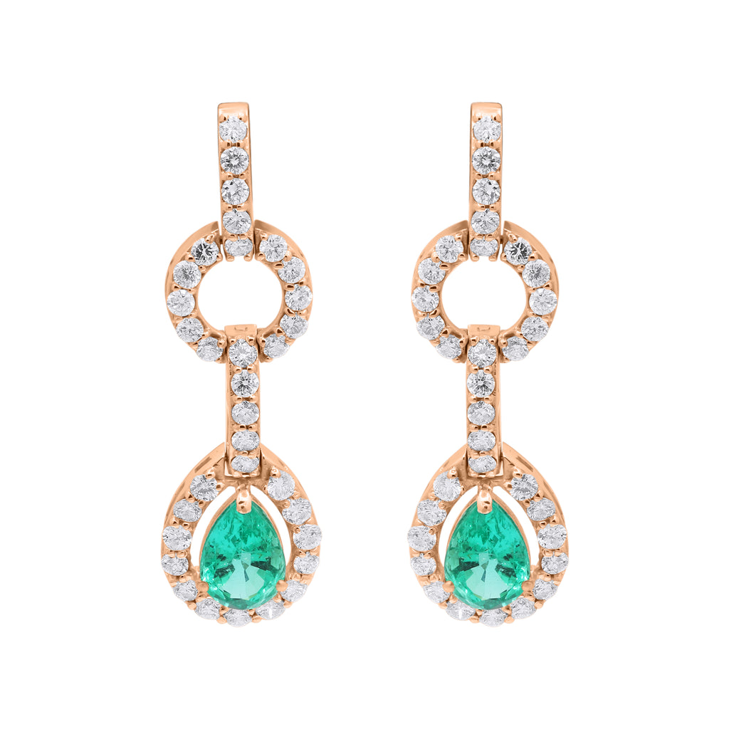 Pear Shaped Natural Emerald Gemstone With Diamond Dangle Earrings In 18k Yellow Gold