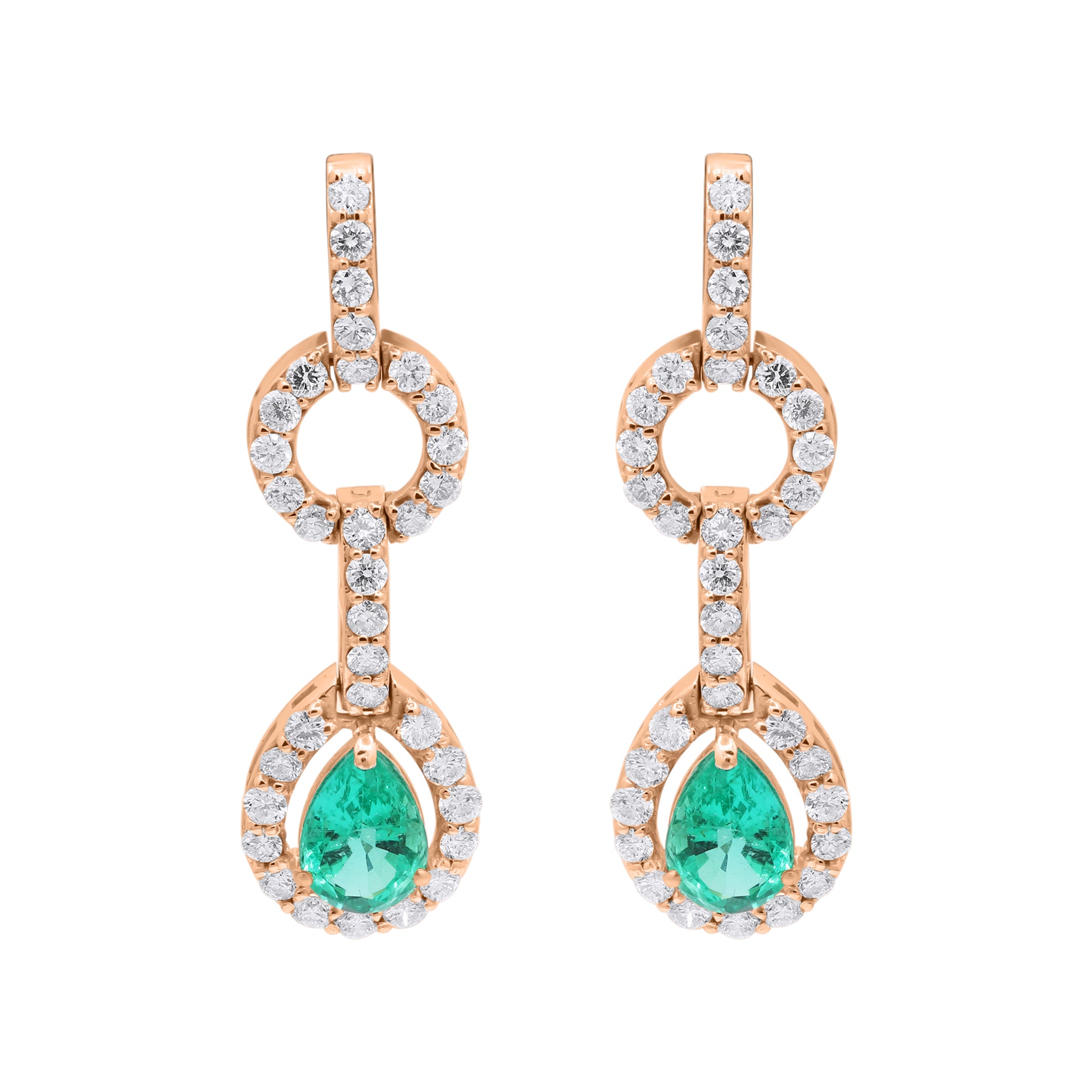 Pear Shaped Natural Emerald Gemstone With Diamond Dangle Earrings In 18k Yellow Gold