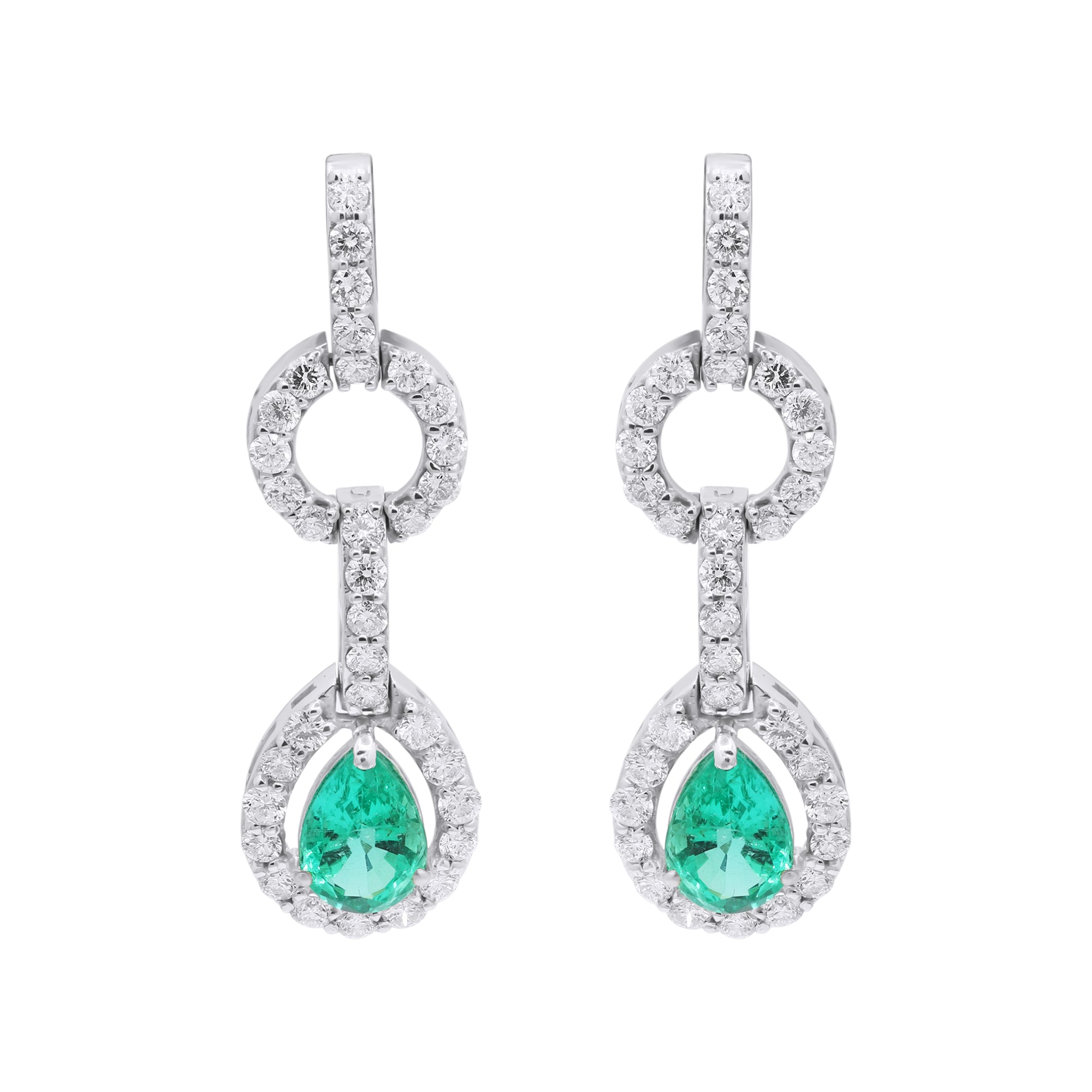 Pear Shaped Natural Emerald Gemstone With Diamond Dangle Earrings In 18k Yellow Gold