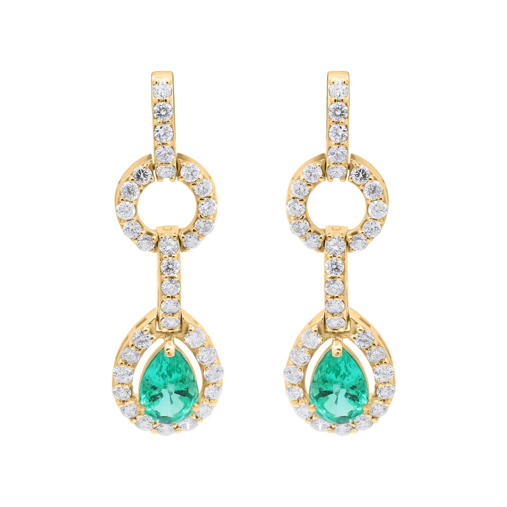 Pear Shaped Natural Emerald Gemstone With Diamond Dangle Earrings In 18k Yellow Gold