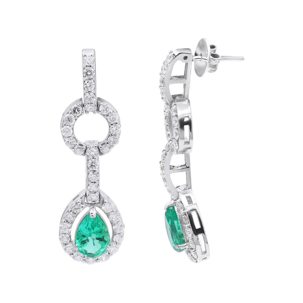 Pear Shaped Natural Emerald Gemstone With Diamond Dangle Earrings In 18k Yellow Gold