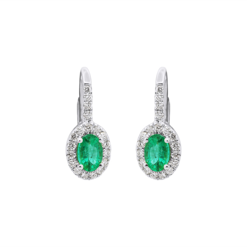 Natural Oval Cut Emerald With Diamond In 18k Yellow Gold Earrings