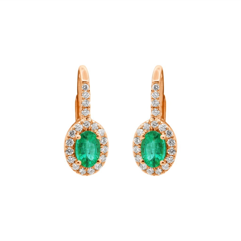 Natural Oval Cut Emerald With Diamond In 18k Yellow Gold Earrings