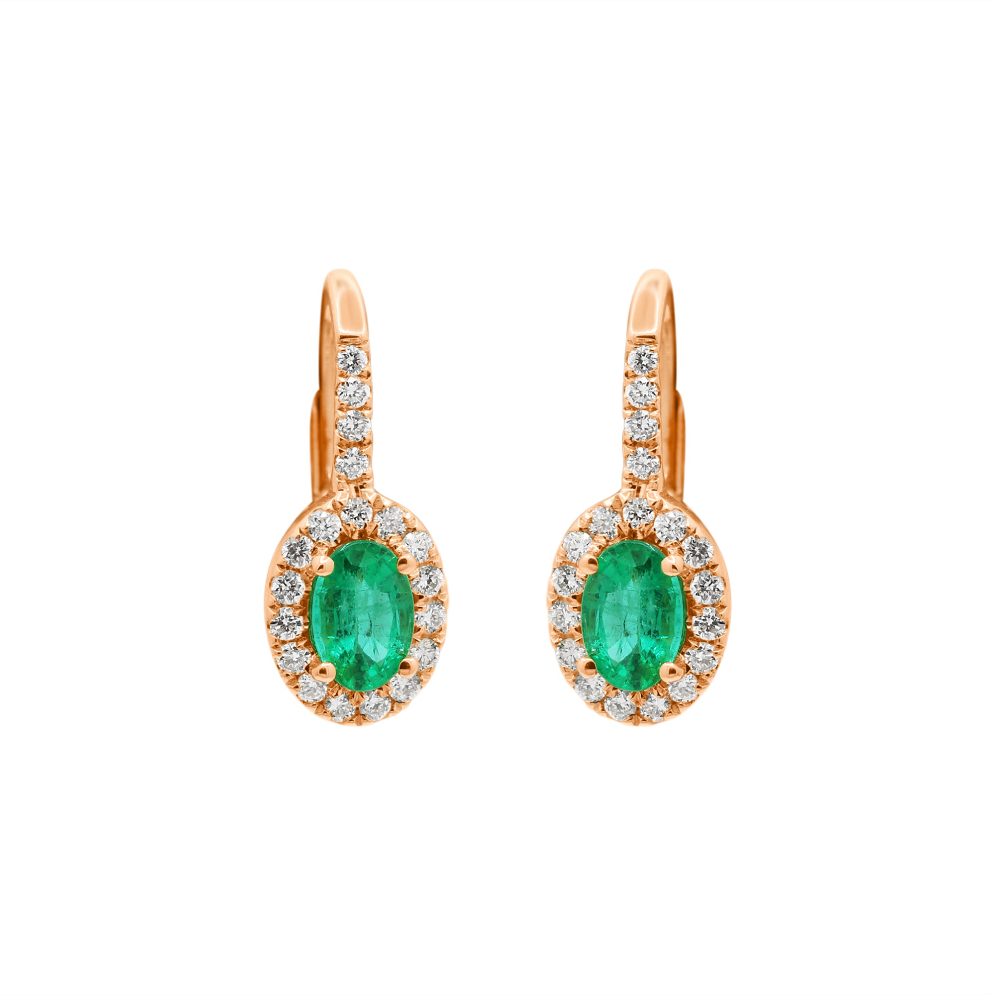 Natural Oval Cut Emerald With Diamond In 18k Yellow Gold Earrings