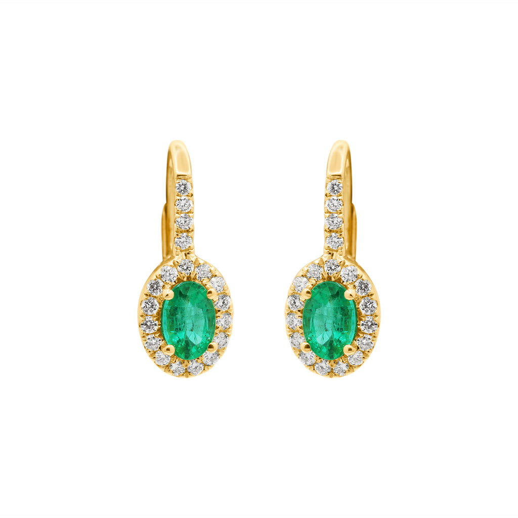 Natural Oval Cut Emerald With Diamond In 18k Yellow Gold Earrings