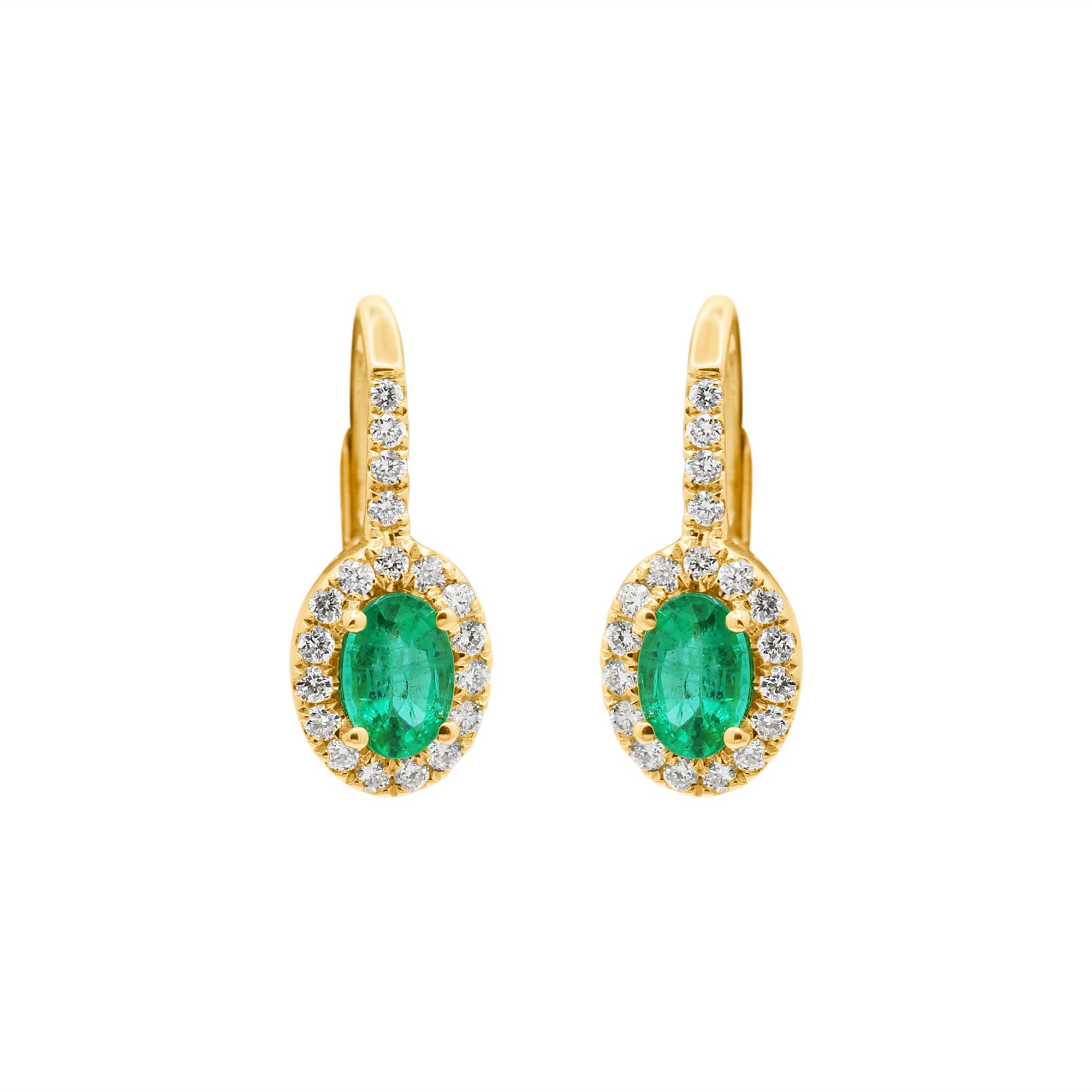 Natural Oval Cut Emerald With Diamond In 18k Yellow Gold Earrings