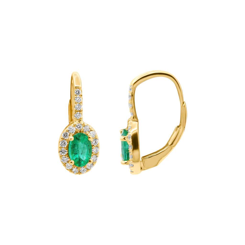 Natural Oval Cut Emerald With Diamond In 18k Yellow Gold Earrings