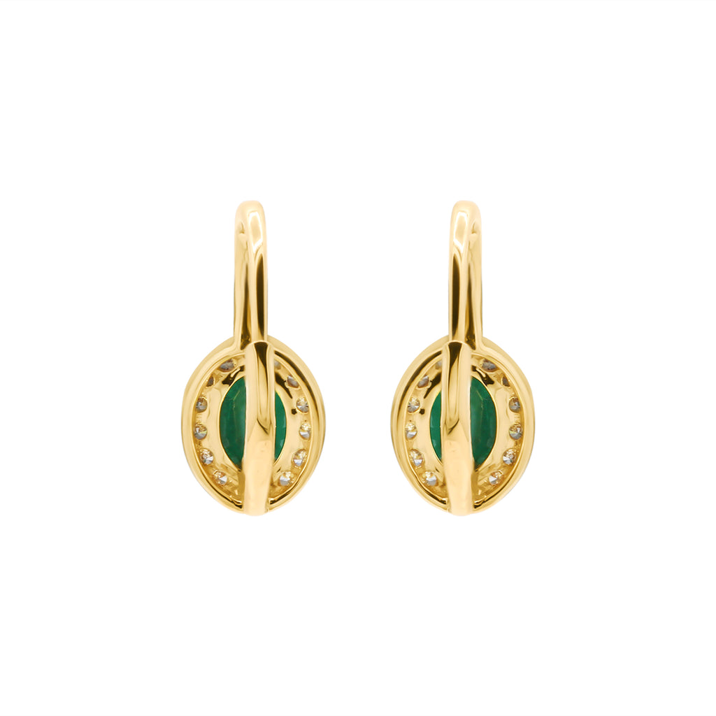 Natural Oval Cut Emerald With Diamond In 18k Yellow Gold Earrings