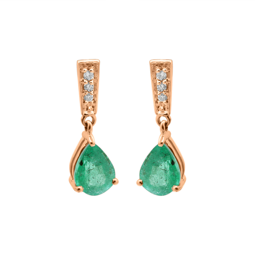 Natural Pear Emerald With Diamond Drop Earrings  In 14k White Gold
