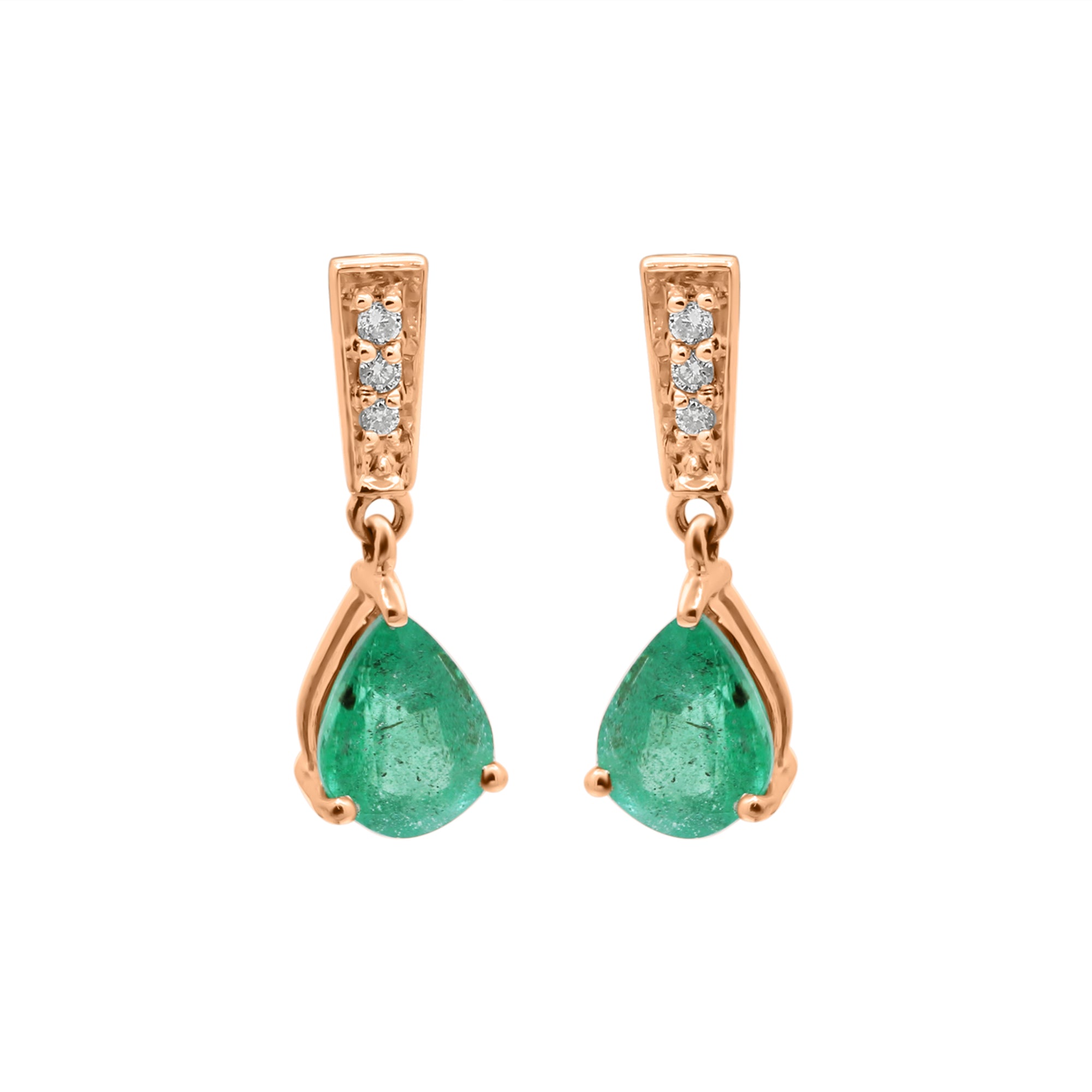 Natural Pear Emerald With Diamond Drop Earrings  In 14k White Gold