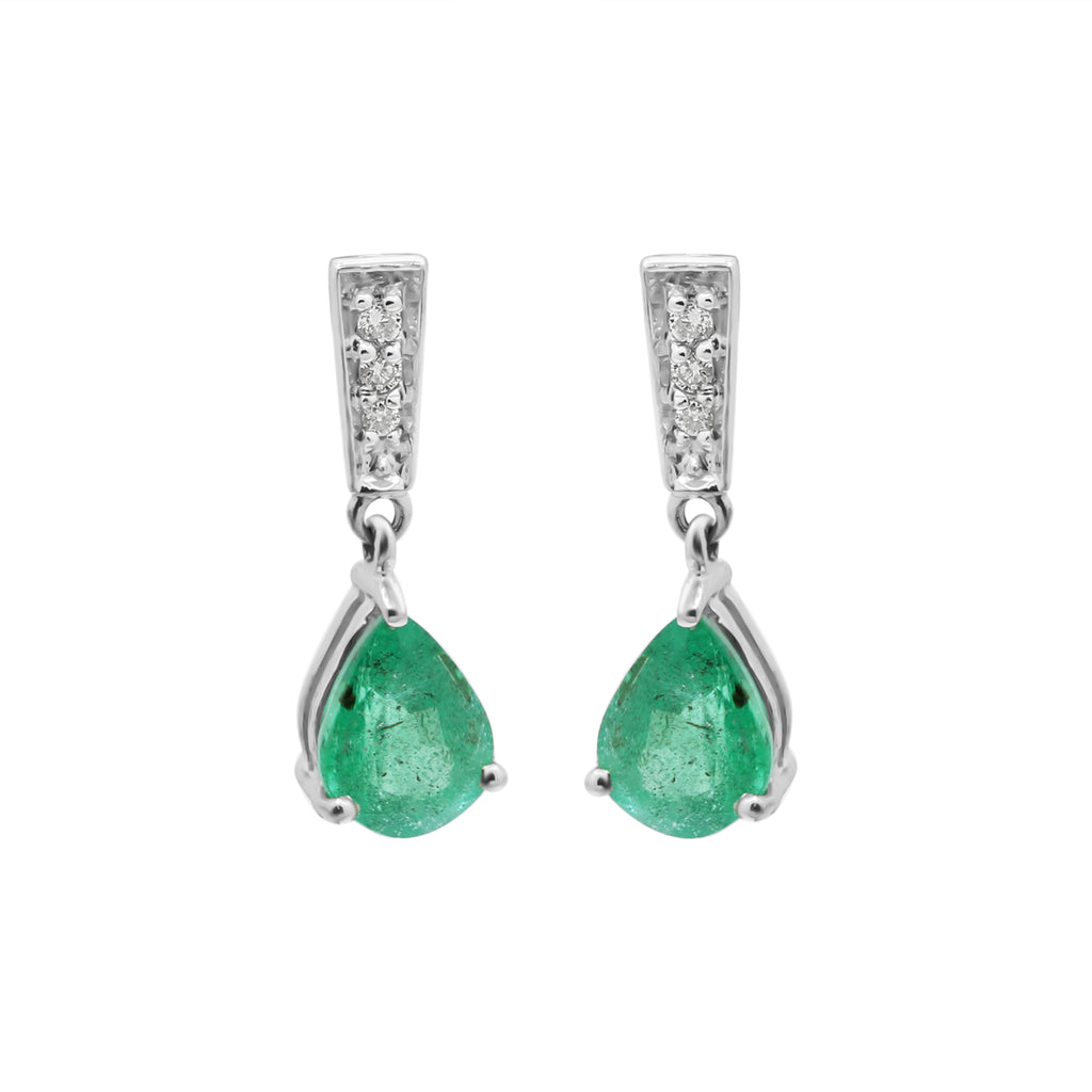 Natural Pear Emerald With Diamond Drop Earrings  In 14k White Gold