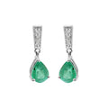 Natural Pear Emerald With Diamond Drop Earrings  In 14k White Gold