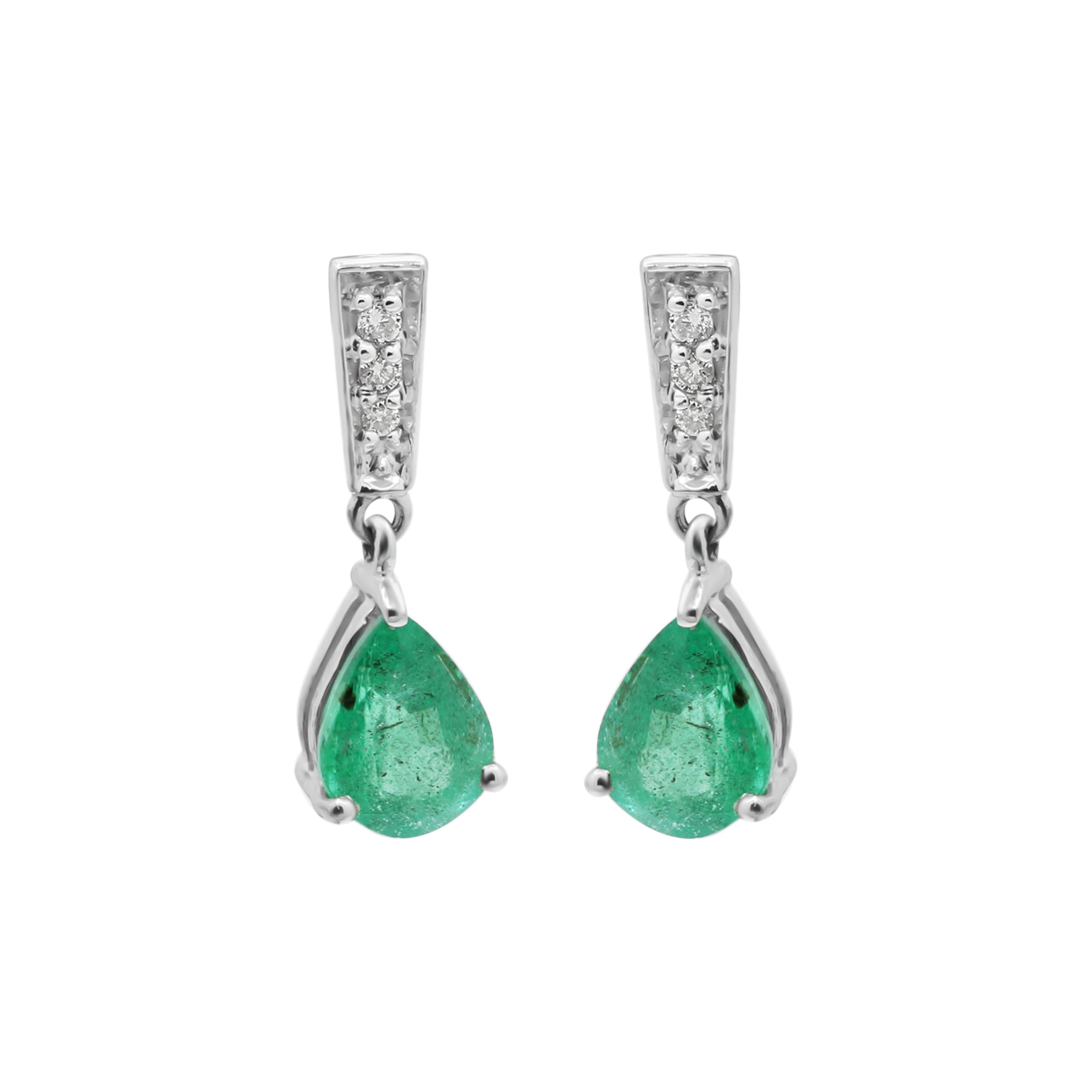 Natural Pear Emerald With Diamond Drop Earrings  In 14k White Gold