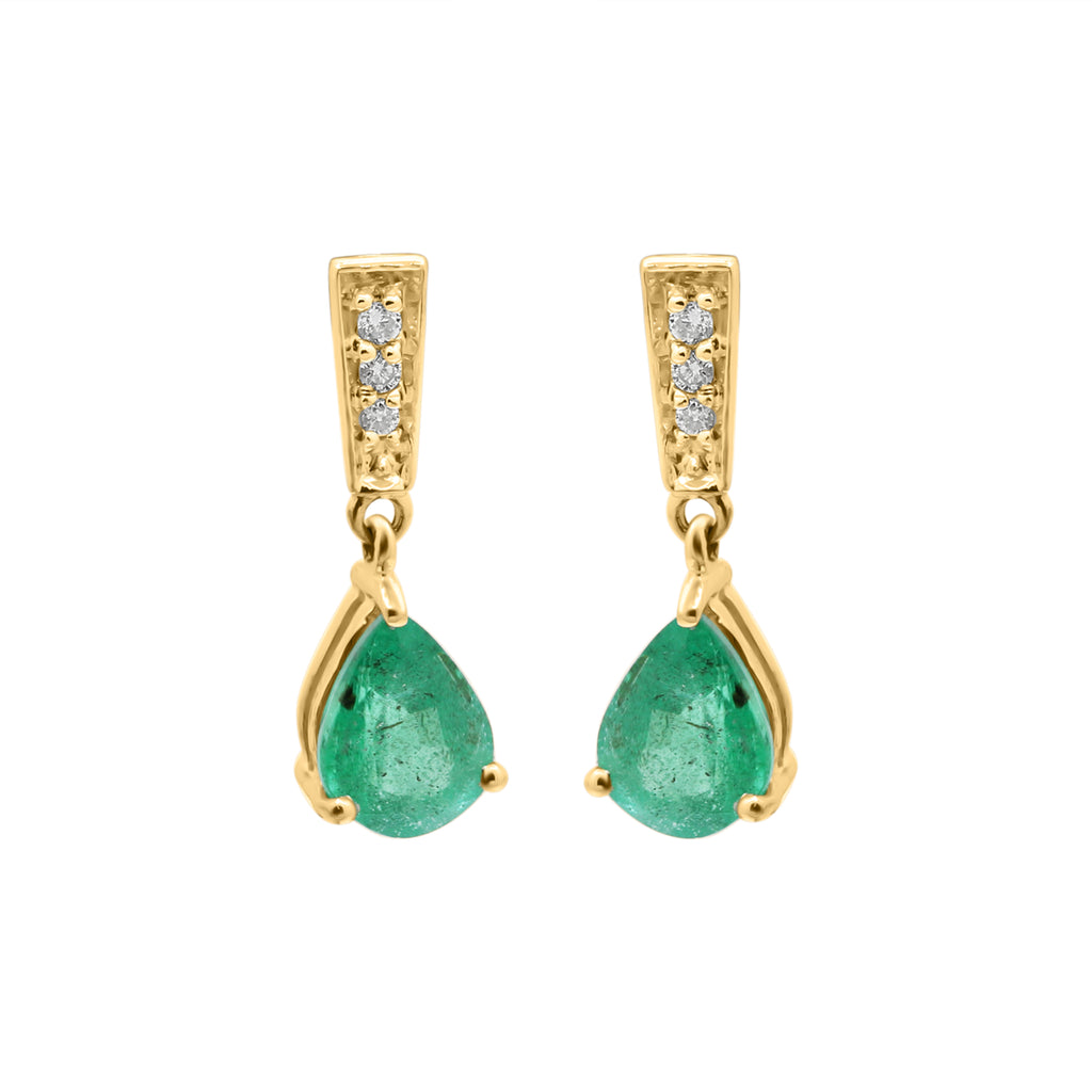 Natural Pear Emerald With Diamond Drop Earrings  In 14k White Gold