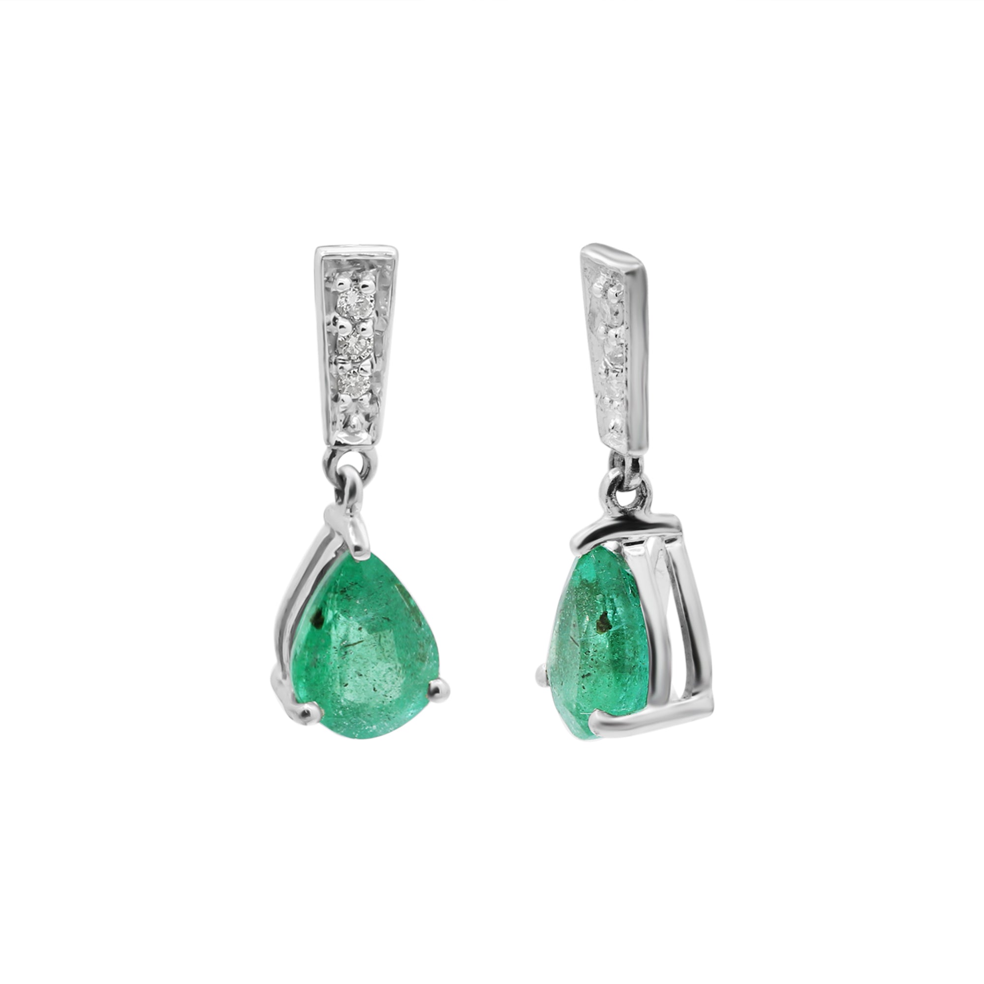 Natural Pear Emerald With Diamond Drop Earrings  In 14k White Gold