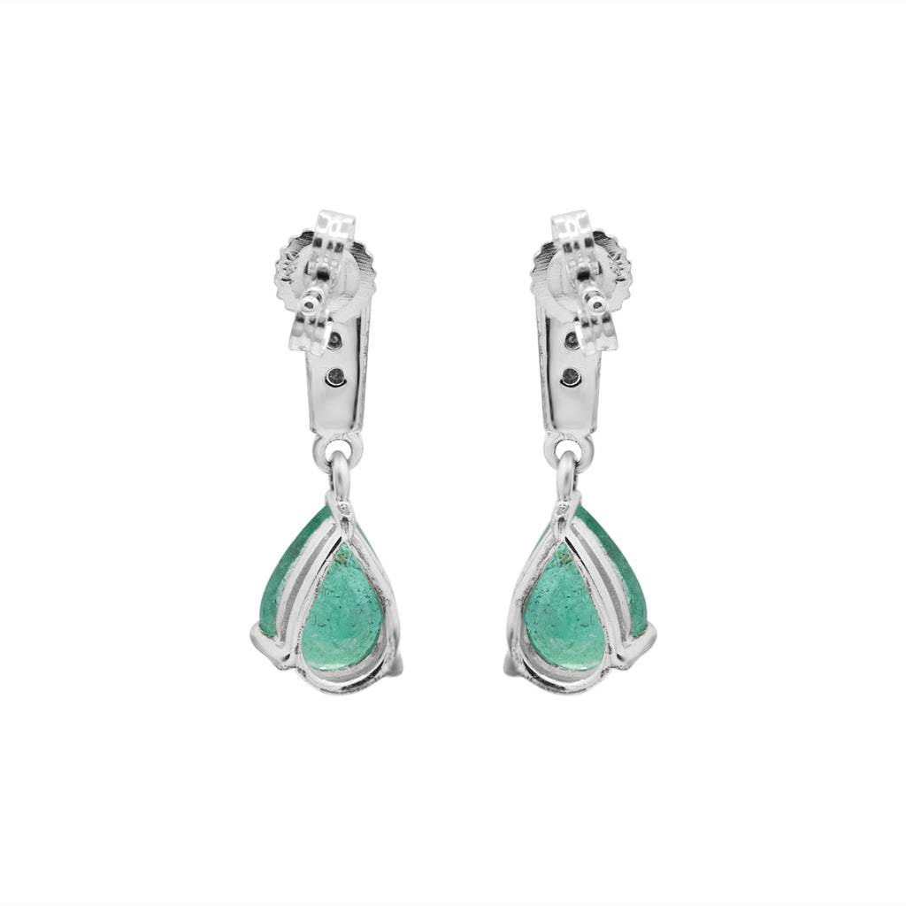 Natural Pear Emerald With Diamond Drop Earrings  In 14k White Gold