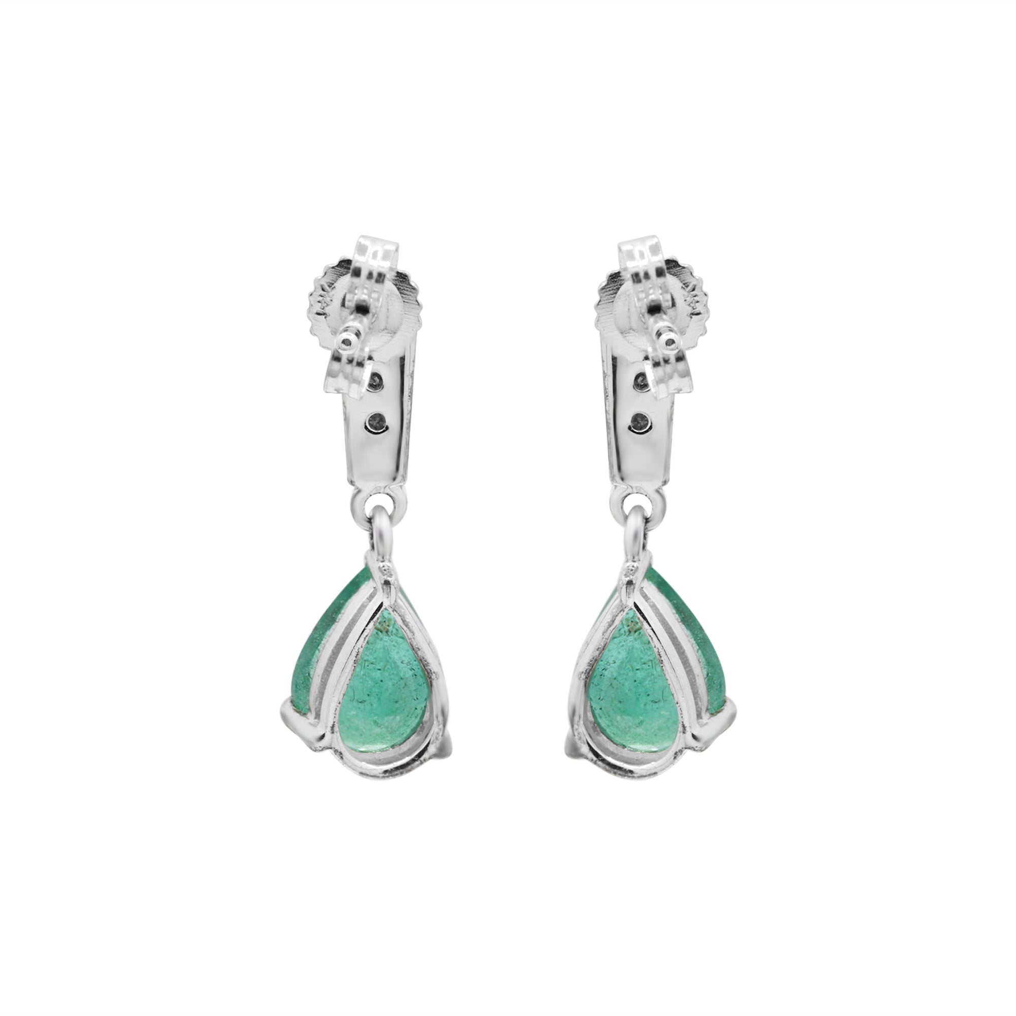 Natural Pear Emerald With Diamond Drop Earrings  In 14k White Gold