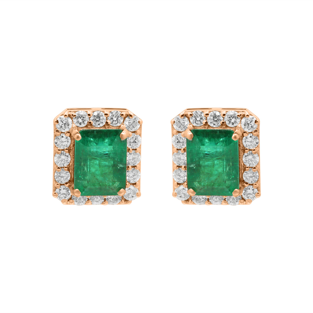 Natural Emerald And Diamond Stud Earrings In 18k White Gold