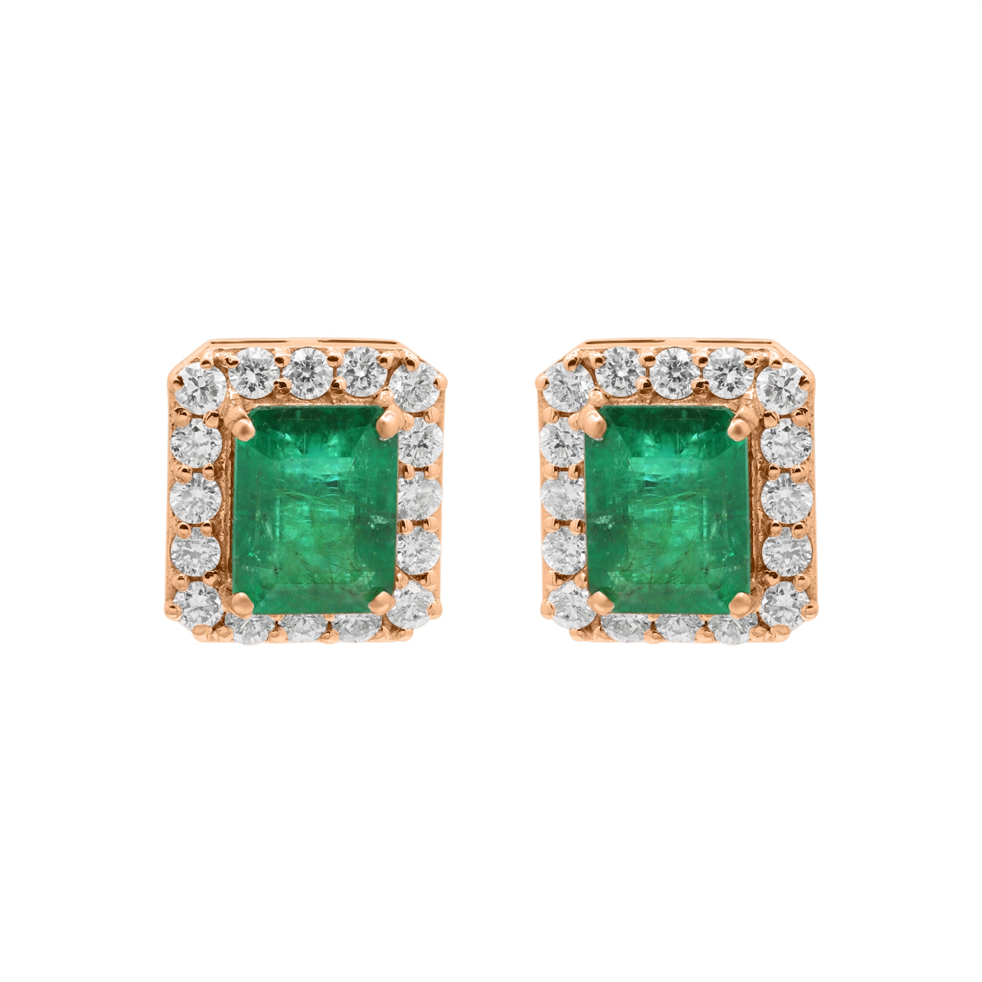 Natural Emerald And Diamond Stud Earrings In 18k White Gold