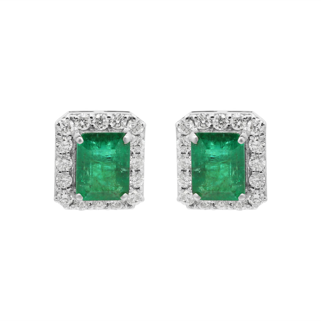 Natural Emerald And Diamond Stud Earrings In 18k White Gold