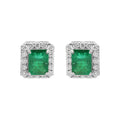 Natural Emerald And Diamond Stud Earrings In 18k White Gold