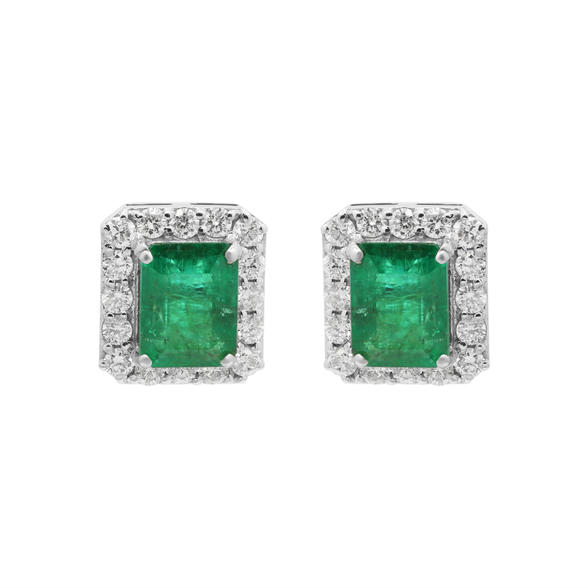 Natural Emerald And Diamond Stud Earrings In 18k White Gold