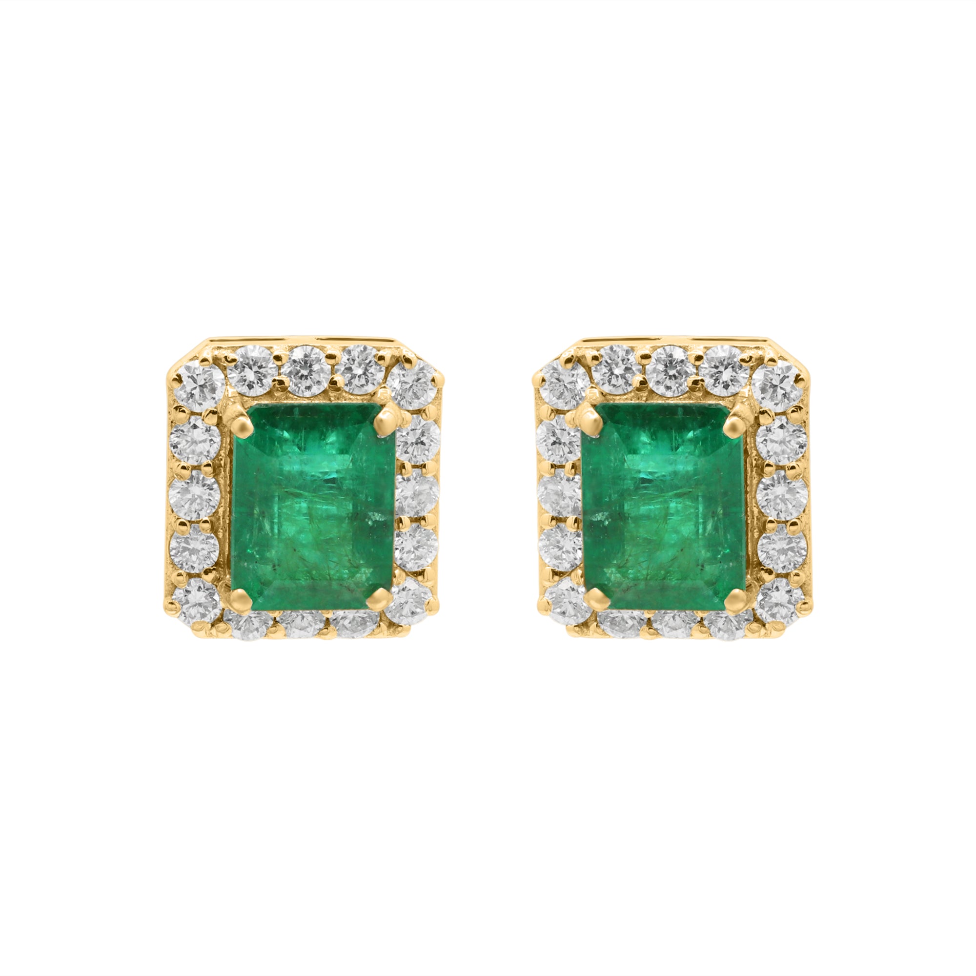 Natural Emerald And Diamond Stud Earrings In 18k White Gold