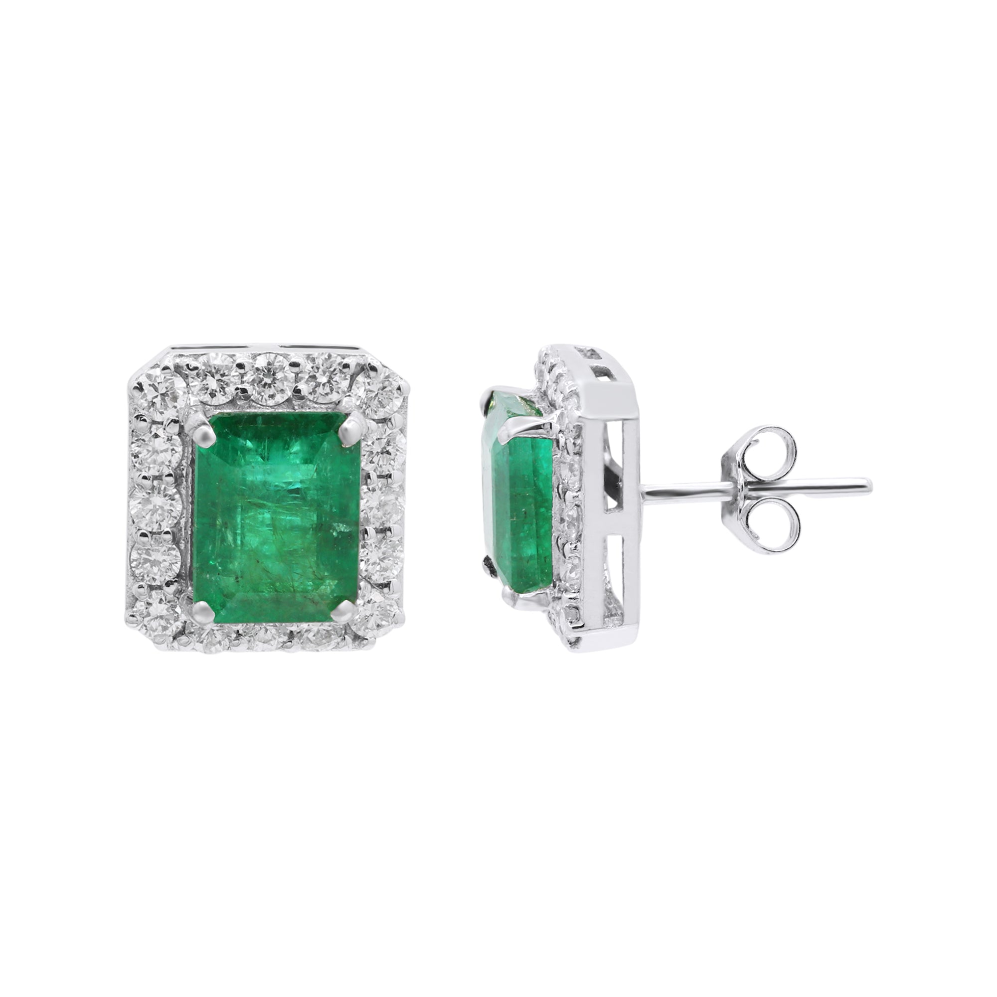 Natural Emerald And Diamond Stud Earrings In 18k White Gold
