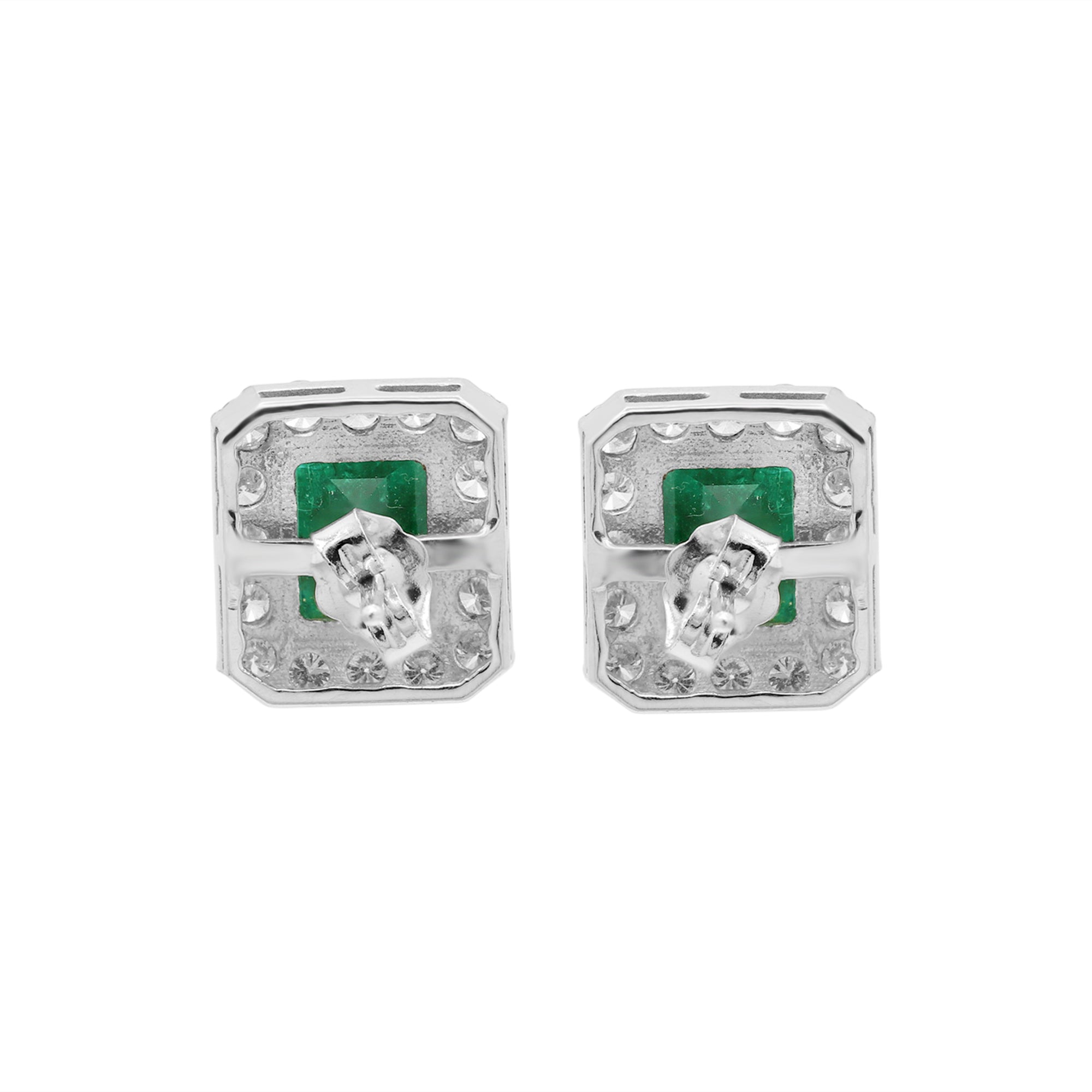 Natural Emerald And Diamond Stud Earrings In 18k White Gold