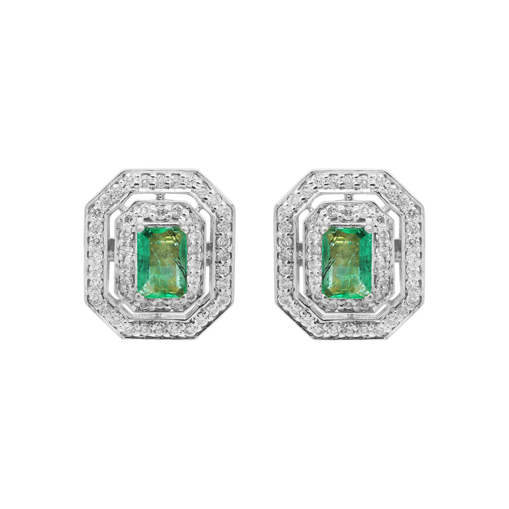Natural Emerald & Diamond Designer Stud Earrings In 18k Yellow Gold