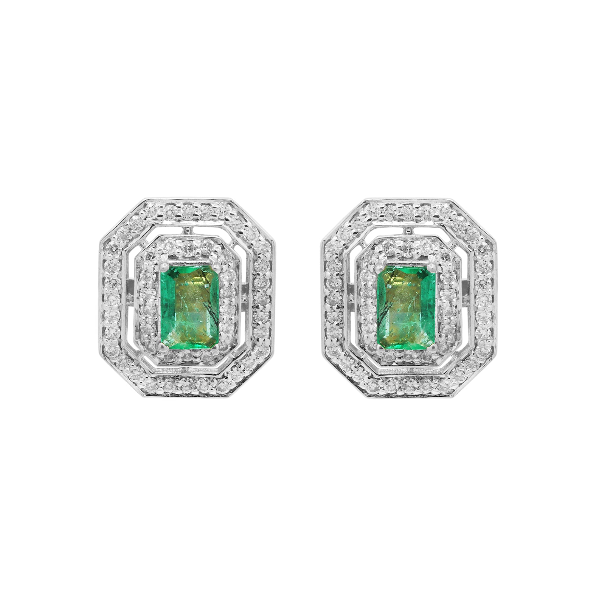 Natural Emerald & Diamond Designer Stud Earrings In 18k Yellow Gold