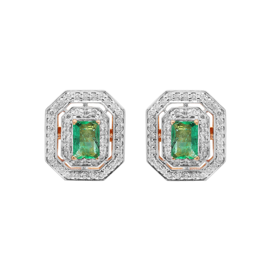 Natural Emerald & Diamond Designer Stud Earrings In 18k Yellow Gold