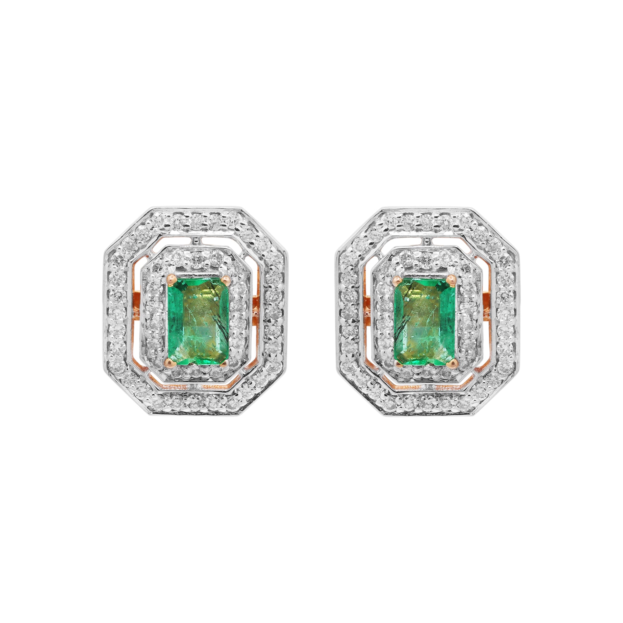 Natural Emerald & Diamond Designer Stud Earrings In 18k Yellow Gold