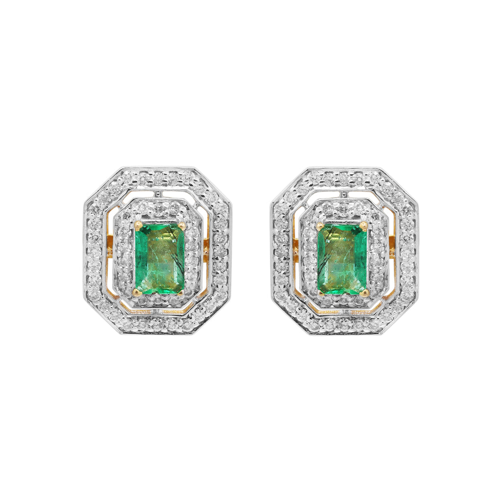 Natural Emerald & Diamond Designer Stud Earrings In 18k Yellow Gold
