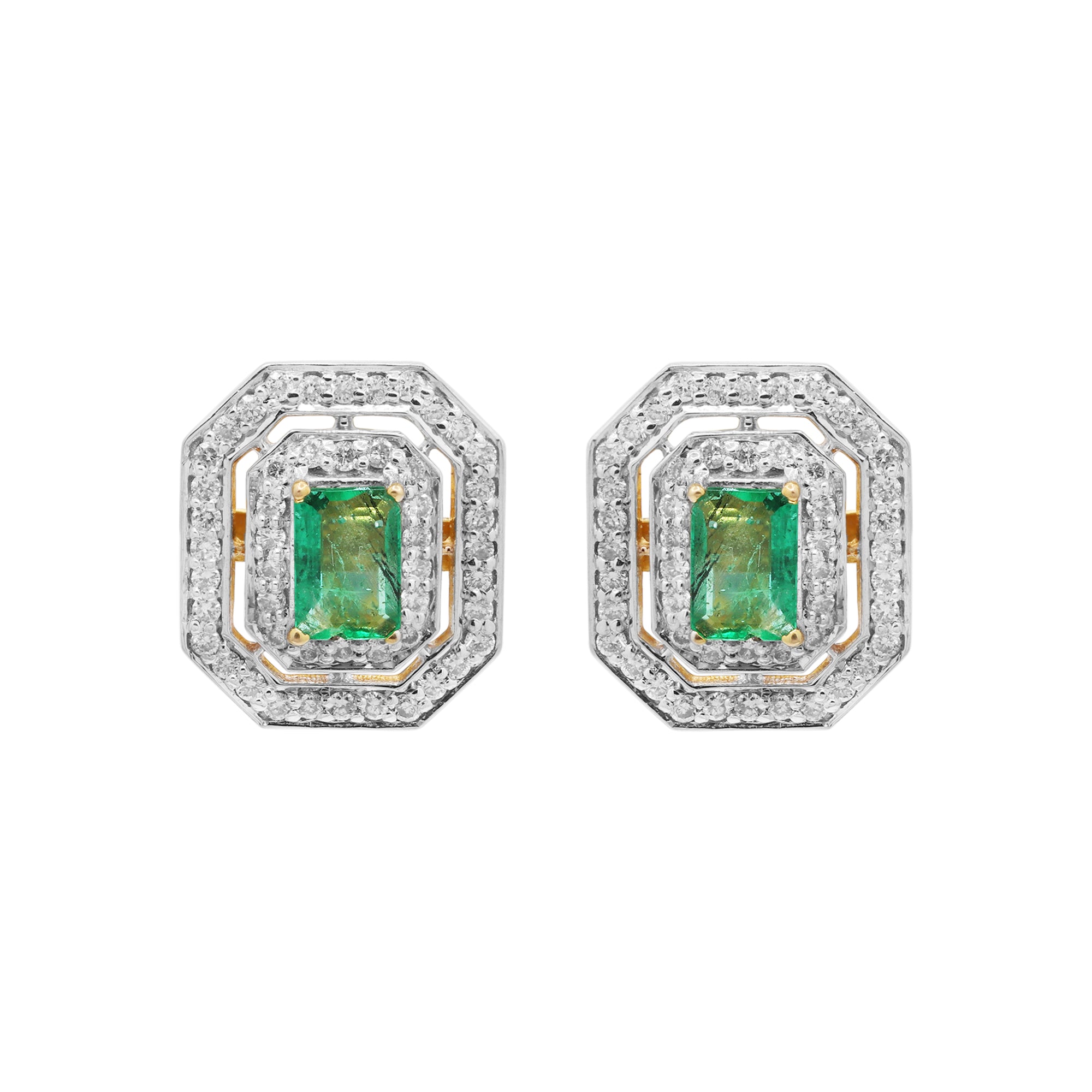 Natural Emerald & Diamond Designer Stud Earrings In 18k Yellow Gold