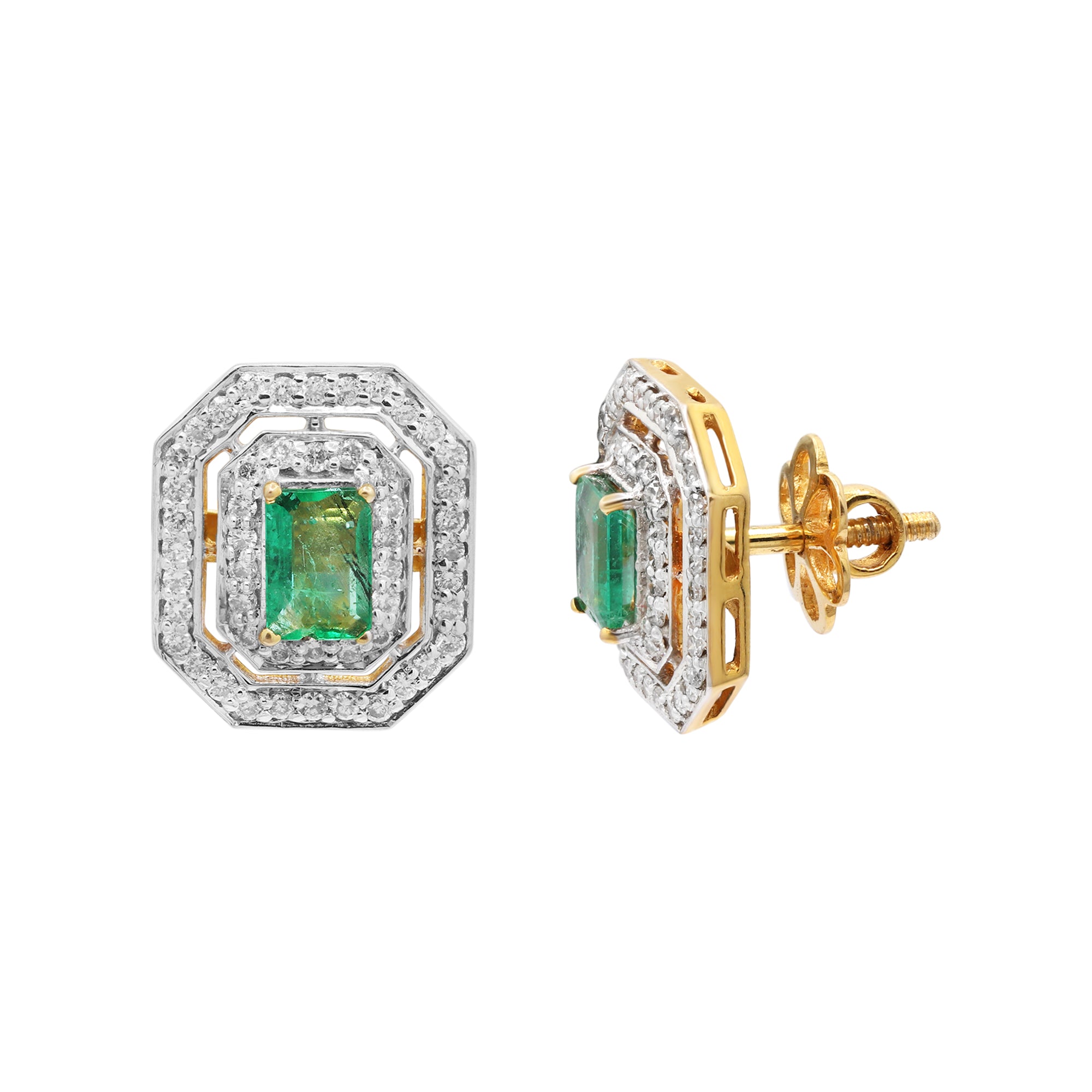 Natural Emerald & Diamond Designer Stud Earrings In 18k Yellow Gold